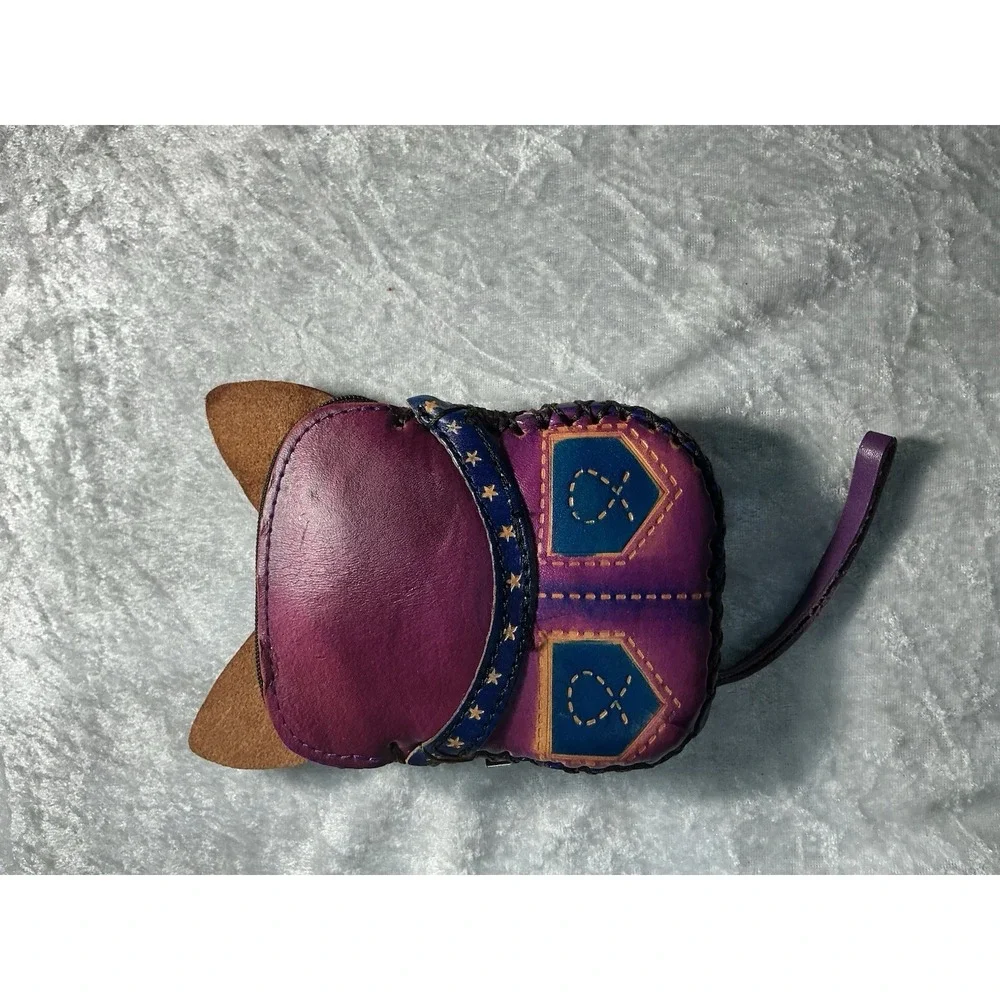 Hand Painted Leather 3D Cat Coin Purse Wristlet Purple Whimsical Kitty Zipper